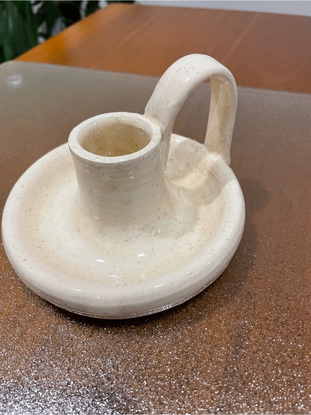 Speckled Ceramic Chamberstick Candle Holder in Cream